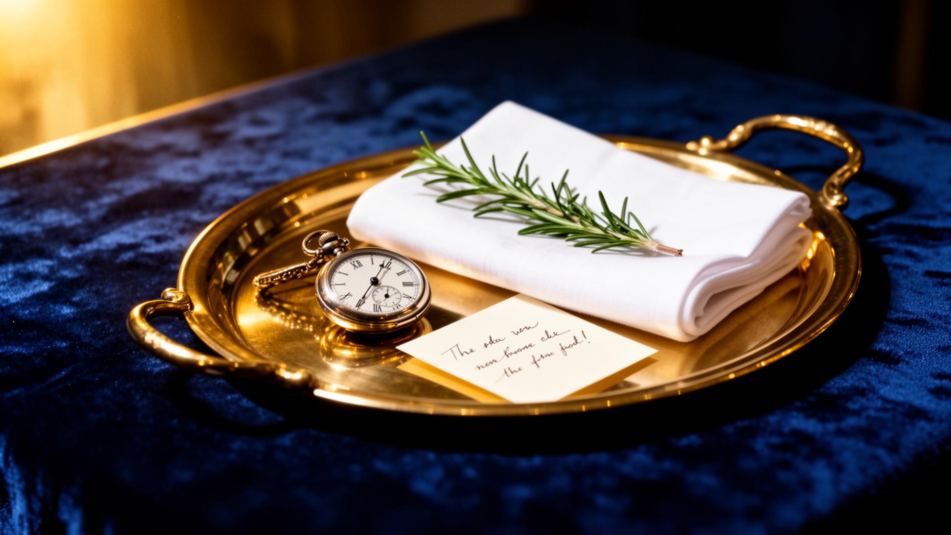 A polished brass tray with a pocket watch, linen napkin, and rosemary on deep navy velvet — the spirit of a Wadsworth household